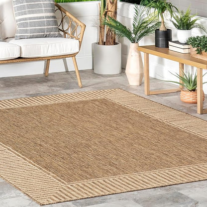 nuLOOM 2' x 10' Outdoor/Indoor Asha Area Rug, Asha Light Brown, Casual Design with Striped Border, Stain Resistant, Highly Durable, for Patio, Balcony, Bedroom, Living Room, Dining Room, Bathroom