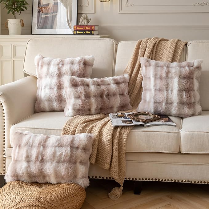 Pack of 2 Thick Plush Throw Pillow Covers Fluffy Wave Faux Fur Decorative Cushion Covers Soft Wool Pillowcase for Sofa Couch Livingroom 24x24 Inch White Taupe