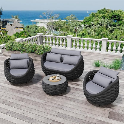 4 Pieces Assembled Patio Conversation Sets, Aluminum Outdoor Furniture Sofa Set - Modern Cushioned Set Hand Woven Rope Couch Armchair Set for 4 - All Weather for Indoor Deck Porch Backyard Hotel