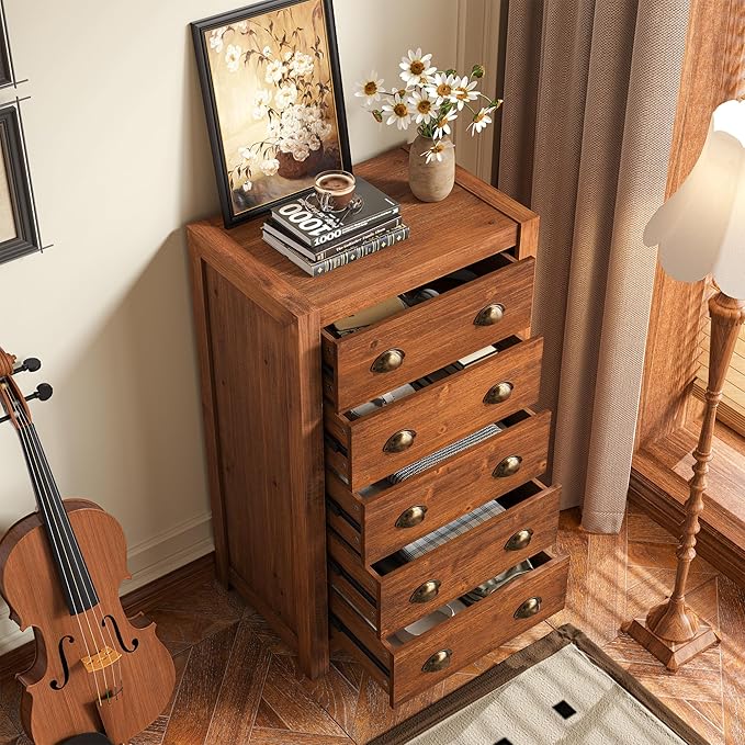 Vintage 5-Drawer Tall Dresser, Solid Wood Frame with Wood Veneer, Rustic Wooden Drawer Cabinet for Bedroom, Living Room, Dark Walnut, Dark Walnut