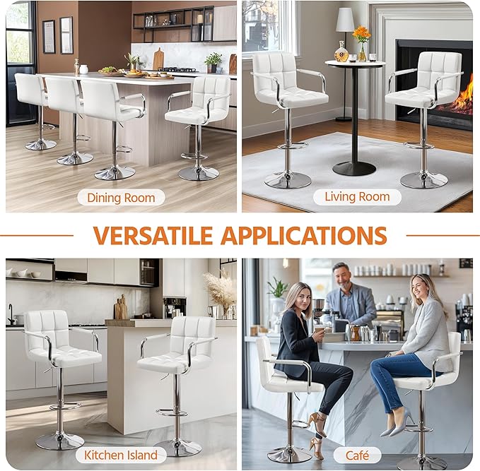 Yaheetech Bar Stools, PU Leather Adjustable Swivel Barstools, Hydraulic Kitchen Counter Height Bar Chairs with Armrest and Back for Bar, Kitchen, Dining Room, White