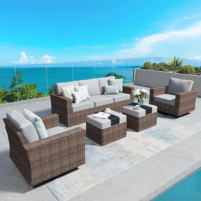 Swivel Glider 5 Piece Outdoor Furniture Set with Swivel Chairs, Wicker Patio Furniture with 4.92" Wide Armrest, 26.3" Deep Seating and 5.5" Thick Cushions, Grey