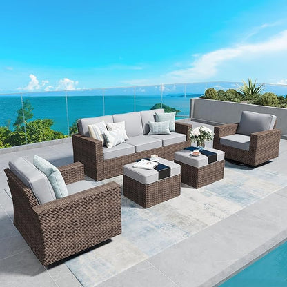 Swivel Glider 5 Piece Outdoor Furniture Set with Swivel Chairs, Wicker Patio Furniture with 4.92" Wide Armrest, 26.3" Deep Seating and 5.5" Thick Cushions, Grey
