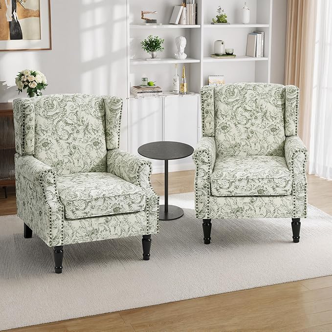 Pia Ricco High Back Floral Accent Chair - Retro Wingback Upholstered Armchair with Nailhead Trim, Solid Wood Legs, Fabric Living Room Bedroom Reading Chair (Plants Green)