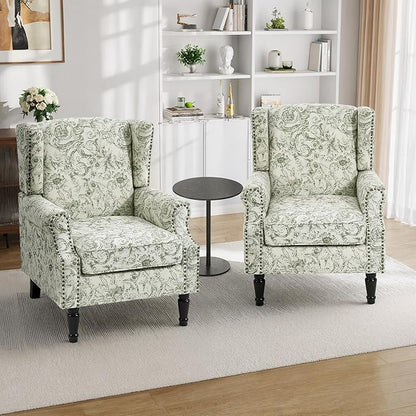 Pia Ricco High Back Floral Accent Chair - Retro Wingback Upholstered Armchair with Nailhead Trim, Solid Wood Legs, Fabric Living Room Bedroom Reading Chair (Plants Green)