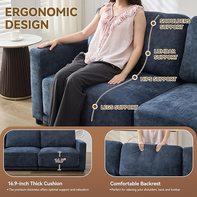 77.4" Chenille Modular Loveseat Oversized Upholstered 2 Seater Sectional Sofa with Thickened Cushions, Easy Assembly, Modern Comfy Love Seat Couch for Living Room, Blue