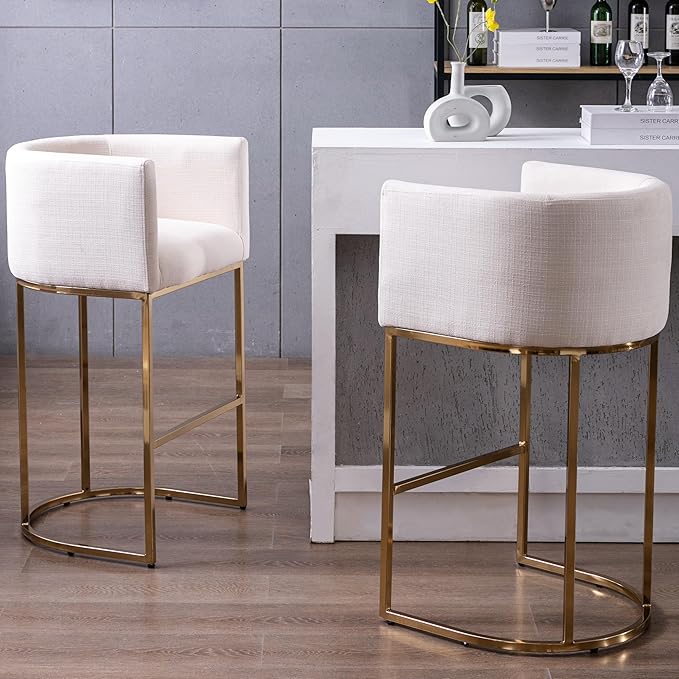 Contemporary Cream Linen Bar Stools Set of 3, 32" Upholstered Fabric Counter Height Barstool Kitchen Counter Island Stools with Golden Metal Base