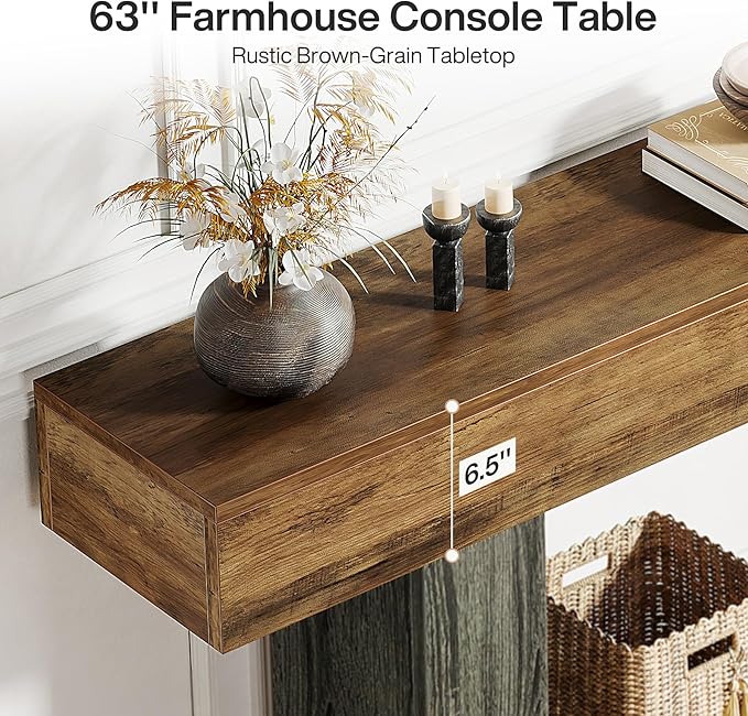 Tribesigns 63" Console Table, Farmhouse 2-Tier Entryway Table with U-Shaped Base, Narrow Long Wood Sofa Table Behind Couch Table for Living Room, Hallway, Foyer, Vintage Brown & Gray