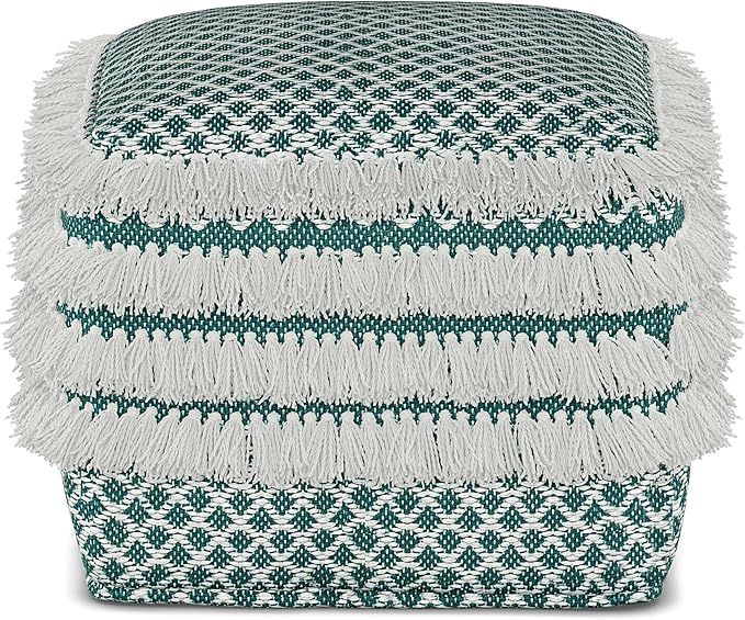 SIMPLIHOME Leah Boho Square Woven Outdoor/ Indoor Pouf in Turquoise and White Recycled PET Polyester for the Living Room, Bedroom and Kids Room