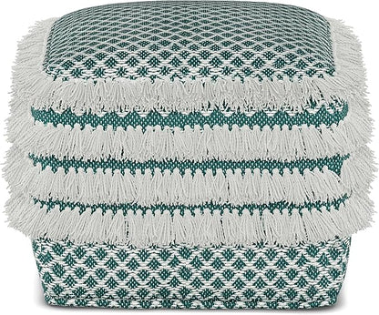 SIMPLIHOME Leah Boho Square Woven Outdoor/ Indoor Pouf in Turquoise and White Recycled PET Polyester for the Living Room, Bedroom and Kids Room