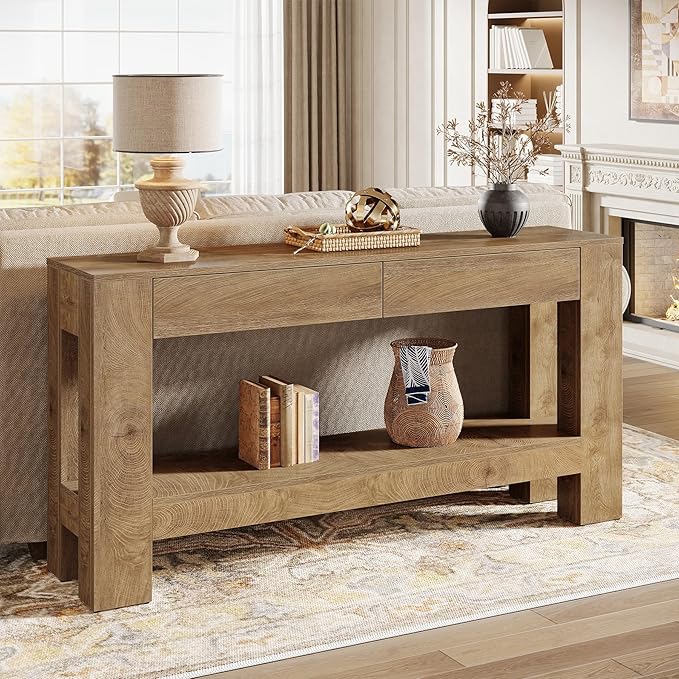 Tribesigns 63-Inch Console Table with 2 Drawers, 2-Tier Wooden Sofa Table Behind Couch, Farmhouse Entryway Console with Storage Shelf & Sturdy H-Shaped Legs for Living Room, Entrance, Hallway