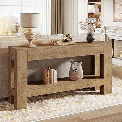 Tribesigns 63-Inch Console Table with 2 Drawers, 2-Tier Wooden Sofa Table Behind Couch, Farmhouse Entryway Console with Storage Shelf & Sturdy H-Shaped Legs for Living Room, Entrance, Hallway