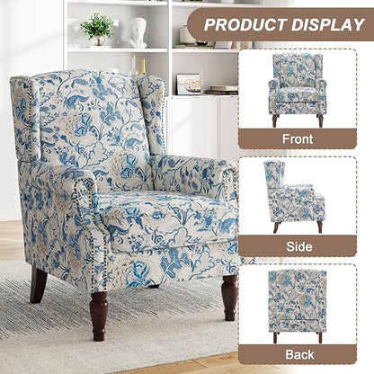 Pia Ricco High Back Floral Accent Chair - Retro Wingback Upholstered Armchair with Nailhead Trim, Solid Wood Legs, Fabric Living Room Bedroom Reading Chair (Flower Blue)