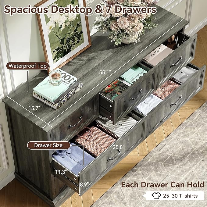 Farmhouse Dresser and Nightstand Sets, 4Pcs Bedroom Furniture Set, Nightstand Set of 2 & 55" Wide 7 Drawer and 44" Tall 5 Drawer Dresser with Large Drawers & Bar Handles, Grey
