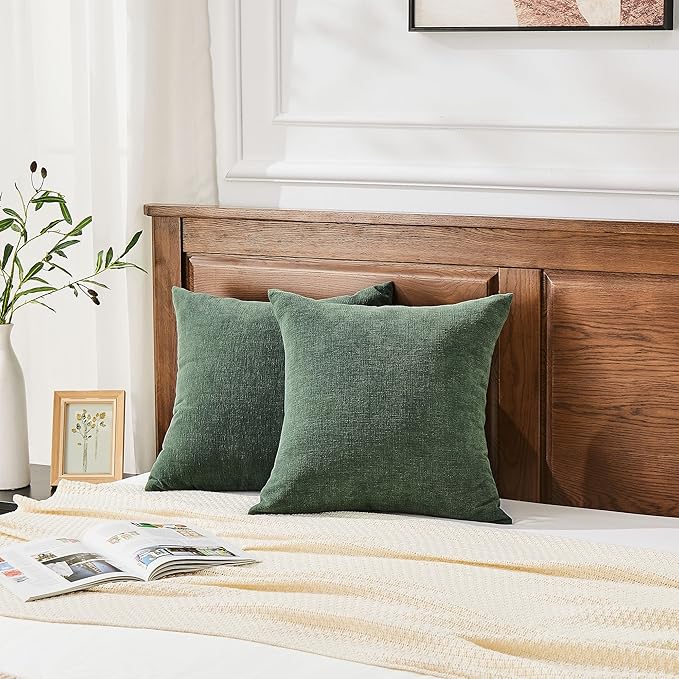 GAWAMAY Decorative Square Throw Pillow Covers 20"x20" Inch Set of 2, Super Soft Chenille Pillows Farmhouse Pillowcase for Living Room Bedroom Sofa Couch Cushion Cover Dark Green 50x50cm (No Insert)