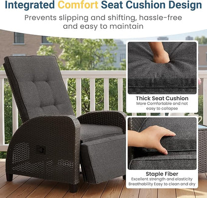 Outdoor Patio Recliner with Independently Adjustable Backrest and Footrest, All-Weather Wicker Patio Chair with Side Table, 160° Lay Flat Patio Reclining Lounge Chair for Backyard Garden, Grey