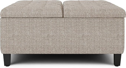 SIMPLIHOME Harrison Coffee Table Storage Ottoman - 36 inch Wide Upholstered Tweed Look Fabric Square Lift-Top Ottoman in Platinum, Transitional Ottoman for Living Room with Hidden Storage