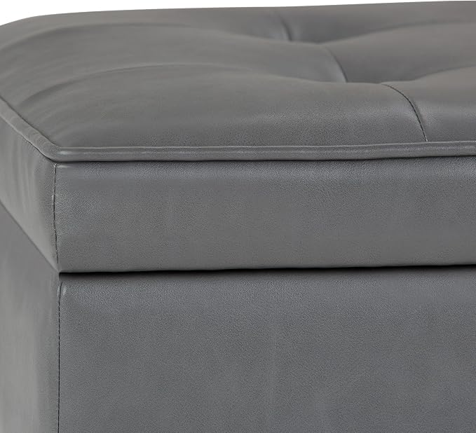 SIMPLIHOME Cosmopolitan 44 inch Wide Transitional Rectangle Storage Ottoman Bench with Open Bottom in Stone Grey Vegan Faux Leather, Assembled for the Living Room and Bedroom