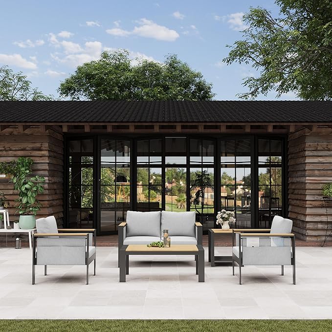 Corinth 5-Piece Aluminum Patio Conversation Set - Outdoor, Porch, Balcony, Yard, Gardern, All Weather Furniture Set with Loveseat Sofa, White