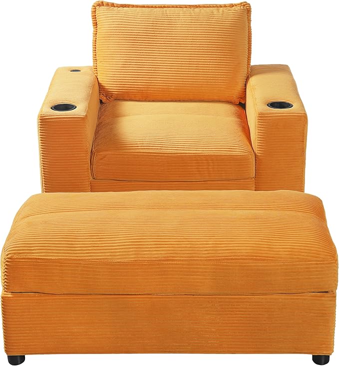 Christopher Knight Home Zoe Oversized Chaise Lounge Chair Indoor with Cup Holders & USB Charging Port, Corduroy Upholstered Sofa Bed + Ottoman with Storage, Comfy Deep Seat Sleeper Sofa Chair, Yellow