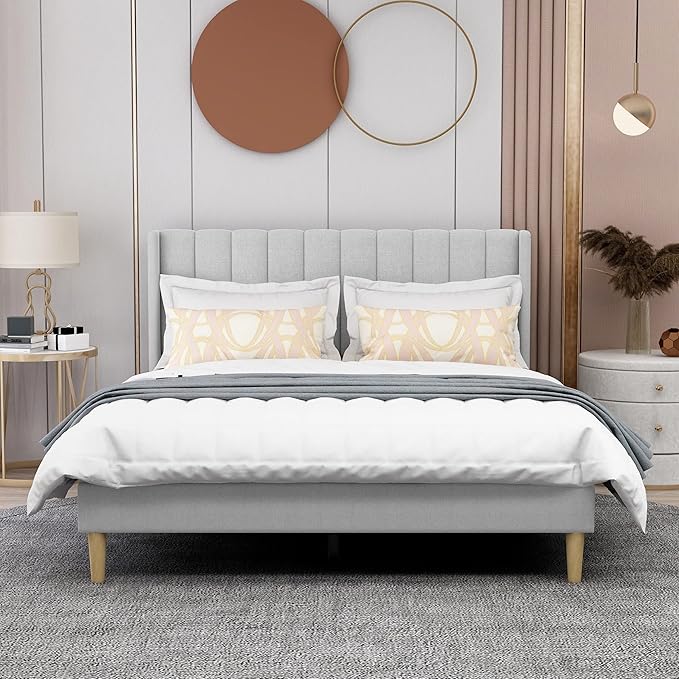AGARTT Upholstered Platform Bed Frame Queen Size with Headboard and Footboard/Wooden Slats Support/No Box Spring Needed/Easy Assembly,Light Grey Linen