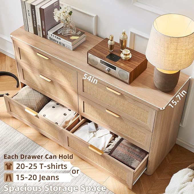 LEYAOYAO Rattan 6 Drawer Dresser for Bedroom, Boho 54" Wide Natural Wood Dresser Chest of Drawers, Dressers TV Stand with Metal Handle, Storage Dressers Closet Organizer for Living Room, Hallway