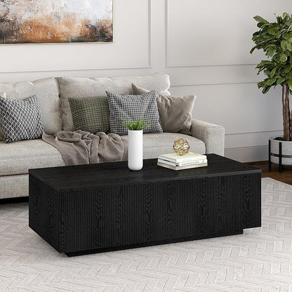 Henn&Hart 48" Fluted Rectangular Low-Profile Coffee Table for Living Room, Family Room, or Office, Black Grain