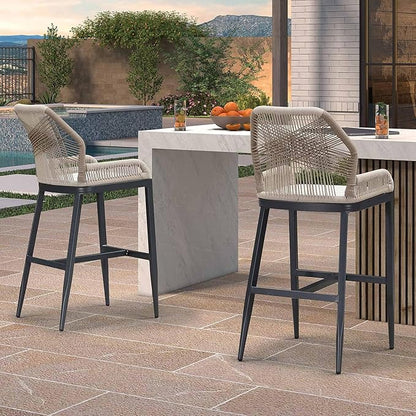 PURPLE LEAF 2 Pieces Bar Stools Patio Modern Rattan Barstools Aluminum Woven Tall Bar Chairs with Cushions for Outdoor Kitchen Island Garden