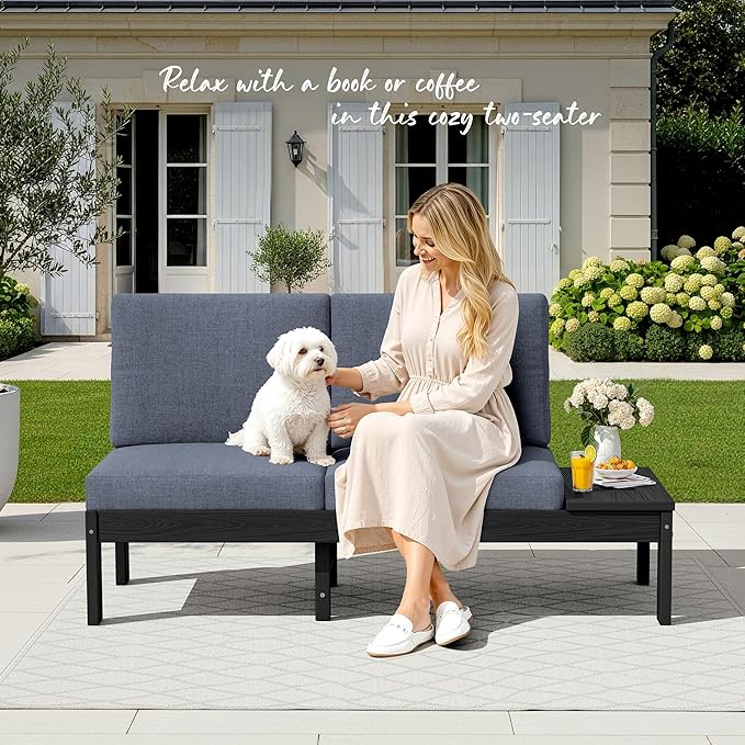 SERWALL HDPE Outdoor Loveseat Set, All-Weather Modular Patio Sofa, Sectional Seating for Backyard or Balcony, Garden, Black Frame with Grey Cushion