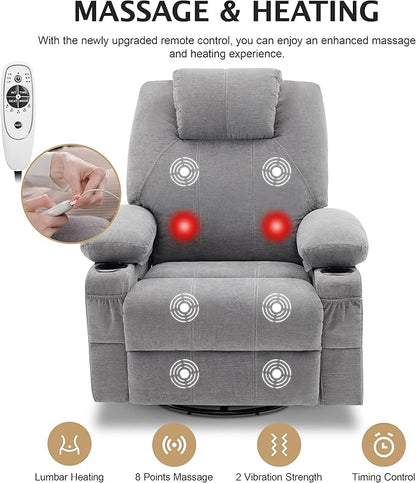 Oversized Swivel Rocker Recliner Sofa Chair with Heat and Massage, Large Big Recliner for Living Room, 360 Degree Swivel Rocking Single Sofa with Cup Holders and USB Port(Fabric, Cloud Grey)