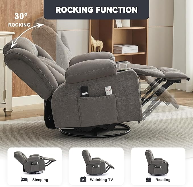 Power Swivel Rocker Recliner Chair with Heat and Massage, USB and Type-C Charging Port, Electric Glider Rocking Chairs, Oversized Recliner Chairs for Adults(Fabric, Grey)