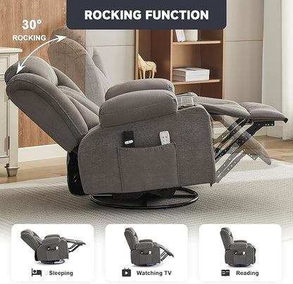Power Swivel Rocker Recliner Chair with Heat and Massage, USB and Type-C Charging Port, Electric Glider Rocking Chairs, Oversized Recliner Chairs for Adults(Fabric, Grey)