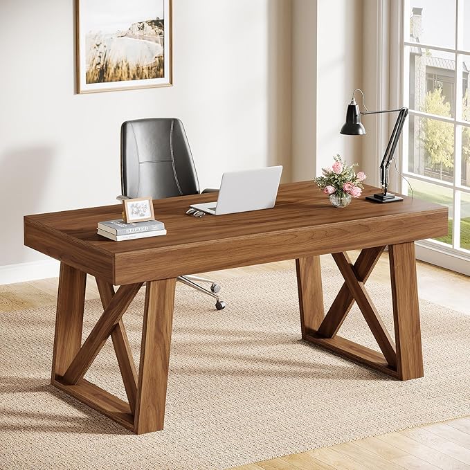 Tribesigns 55" Wide Desktop Executive Desk with Drawer, Retro Brown Computer Office Desk, Modern Wood Business Workstation Table for Home Office