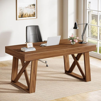 Tribesigns 55" Wide Desktop Executive Desk with Drawer, Retro Brown Computer Office Desk, Modern Wood Business Workstation Table for Home Office