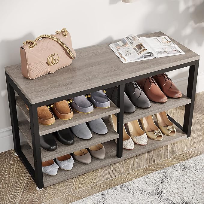 LITTLE TREE Coat Shoe Rack, Hall Tree Entryway Bench Set for Hallway, Living Room, Bedroom, Grey