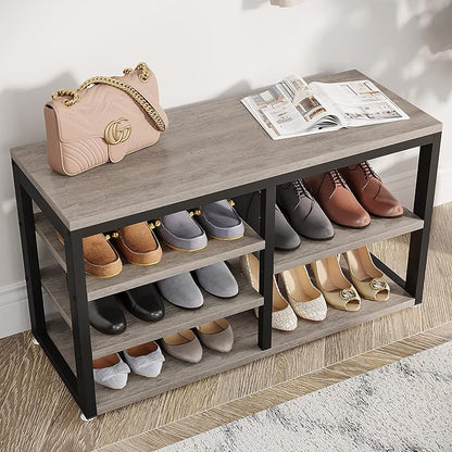 LITTLE TREE Coat Shoe Rack, Hall Tree Entryway Bench Set for Hallway, Living Room, Bedroom, Grey
