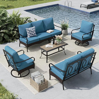 MFSTUDIO 5 PCS Outdoor Patio Furniture Set, Metal Outdoor Conversation Set, Rattan Wicker Patio Sectional Sofa Set with 2 x Swivel Single Sofa, 2-Seat and 3-Seat Sofa, 1 x Coffee Table, Navy Blue