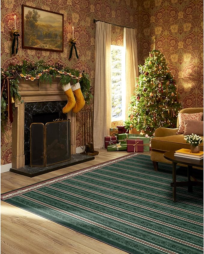 RUGGABLE x Morris & Co Machine Washable Area Rug – Fruit Stripe Spruce Green 10x14, Stain-Resistant, Non-Slip – Large Rugs for Living Room, Bedroom, Hallway, Entryway & Office–with Cushioned Pad