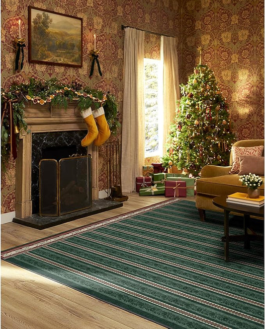 RUGGABLE x Morris & Co Machine Washable Area Rug – Fruit Stripe Spruce Green 8x10, Stain-Resistant, Non-Slip – Large Rugs for Living Room, Bedroom, Hallway, Entryway & Office–with Cushioned Pad