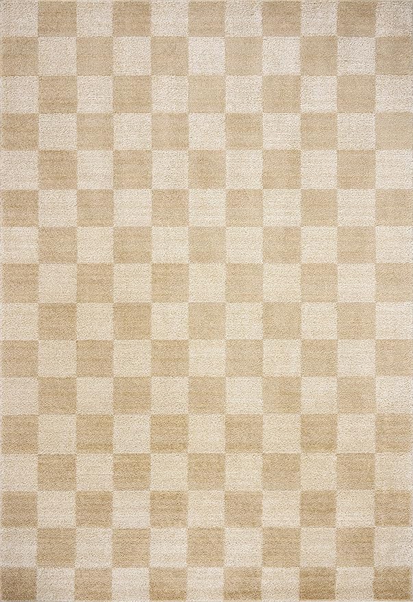 Loloi Chris Loves Julia Calvin Collection CLV-01 Wheat/Ivory 7'-10" x 10' Area Rug Checkered Neutral Soft Living Room Bedroom Carpet