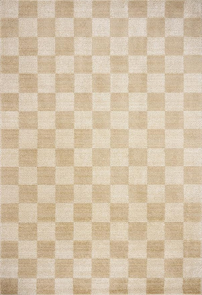 Loloi Chris Loves Julia Calvin Collection CLV-01 Wheat/Ivory 7'-10" x 10' Area Rug Checkered Neutral Soft Living Room Bedroom Carpet