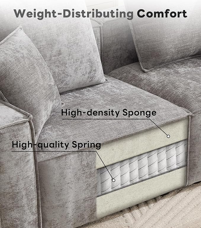 WILLOVE Modular Sectional Sofa Set, Chenille Cloud Couch with Wide Armrests & 8 Pillows, Deep Seat Couches for Living Room, 4-Seater Grey