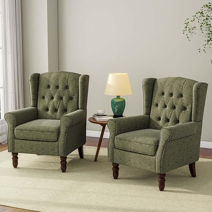 Accent Chair, Upholstered Armchair with Button Tufted High Back & Solid Wood Legs, Comfy Wingback Reading Single Sofa Chair for Small Spaces, Living Room, Bedroom-Green, Set of 1