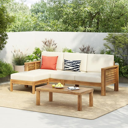 Christopher Knight Home Havets 3 Pieces Outdoor Acacia Furniture Set, Slat Panel Couch, Spacious Seating Armchair, 6" Thick Cushions Sofa and Coffee Table Set for Backyard Garden Balcony, Teak+Beige