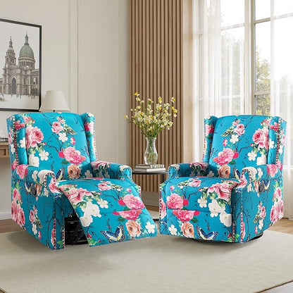 Premium 360° Swivel Recliner Chair with Footrest - Luxurious Cotton Linen & Botanical Design-Peacock Blue Rose