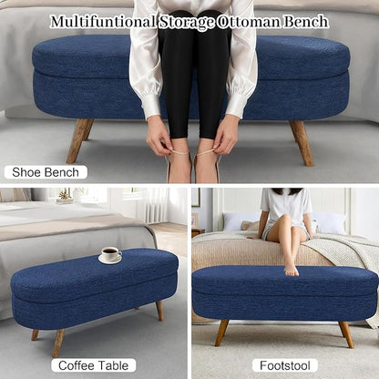 Storage Ottoman Bench 43" Storage Bench for Bedroom, Upholstered Soft Boucle Fabric End of Bed with Safety Hinge Solid Wood Legs Foot Stool Benches for Hallway,Closet,Oval, Entryway, Blue