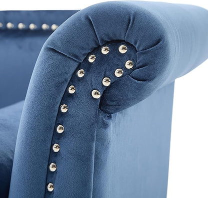 Christopher Knight Home Aurora Velvet Chaise Lounge Indoor with 2 Bolster Pillows, Upholstery Entryway Bench with Nailhead Trim & Curved Arms, End of Bed Bench Ottoman and Wooden Legs, Dark Blue