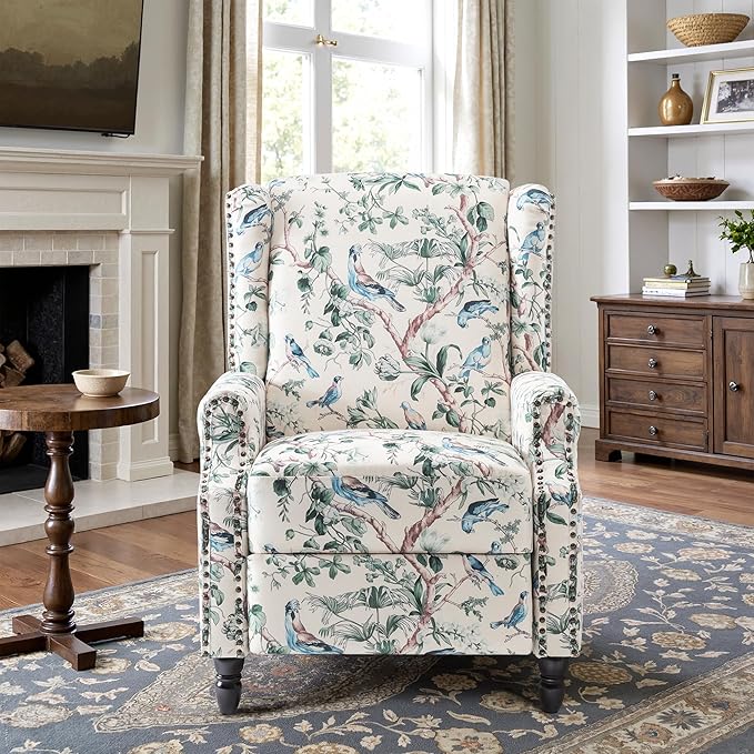 Recliner Chair, Upholstered Wingback Floral Pushback Armchair with Adjustable Backrest & Footrest, Comfy Accent Chair Reading Single Sofa for Small Spaces, Living Room, Bedroom (Bird, Set of 2)