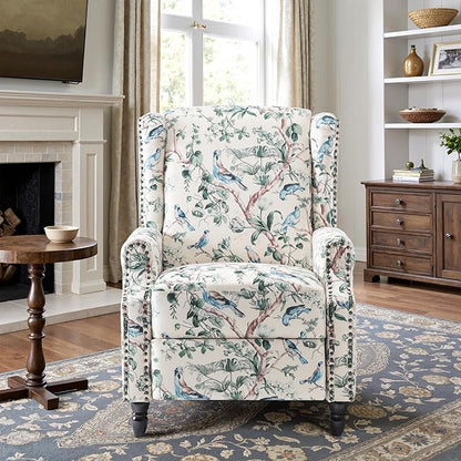 Recliner Chair, Upholstered Wingback Floral Pushback Armchair with Adjustable Backrest & Footrest, Comfy Accent Chair Reading Single Sofa for Small Spaces, Living Room, Bedroom (Bird, Set of 2)
