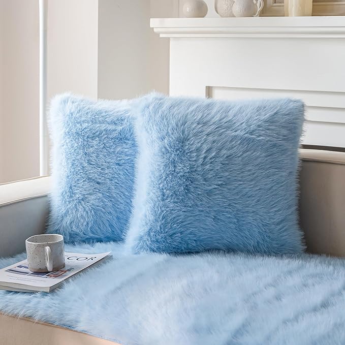 Neelvin Blue Faux Fur Cozy Fluffy Double-Sided Decorative Throw Pillow Covers 20x20 inch Set of 2,Velvet Pillowcase Cushion Case for Sofa Couch